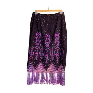 Coastal Cowgirl Black and Purple Embroidered Floral Pencil Skirt with Fringe